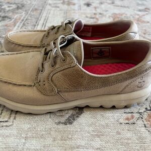 Skechers Women’s Tan Comfort Loafers with Moc-Toe Stitching